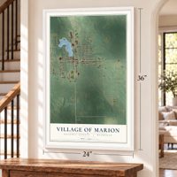 Marion, Michigan map, 24 x 36 inch print in a white frame by a staircase