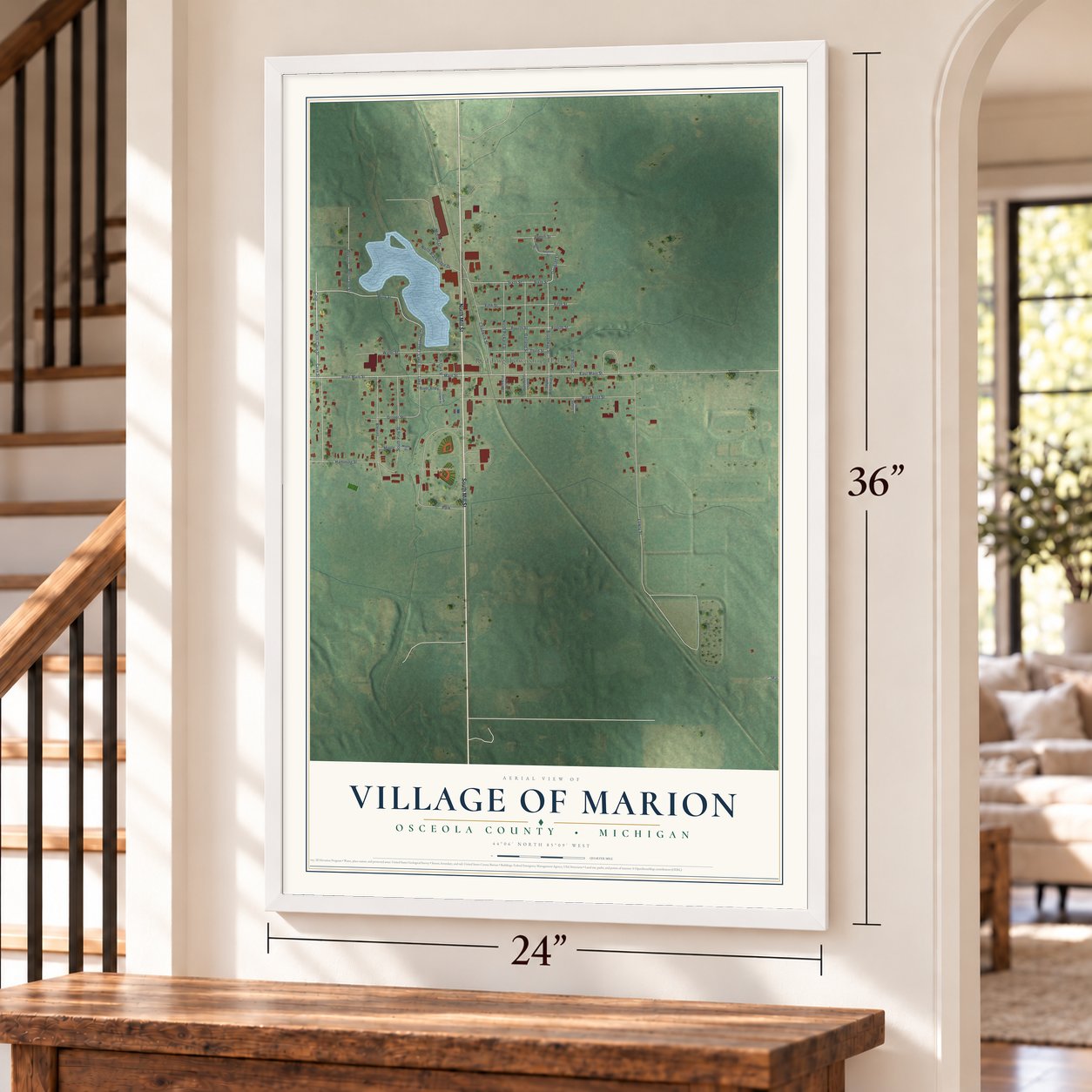 Marion, Michigan map, 24 x 36 inch print in a white frame by a staircase