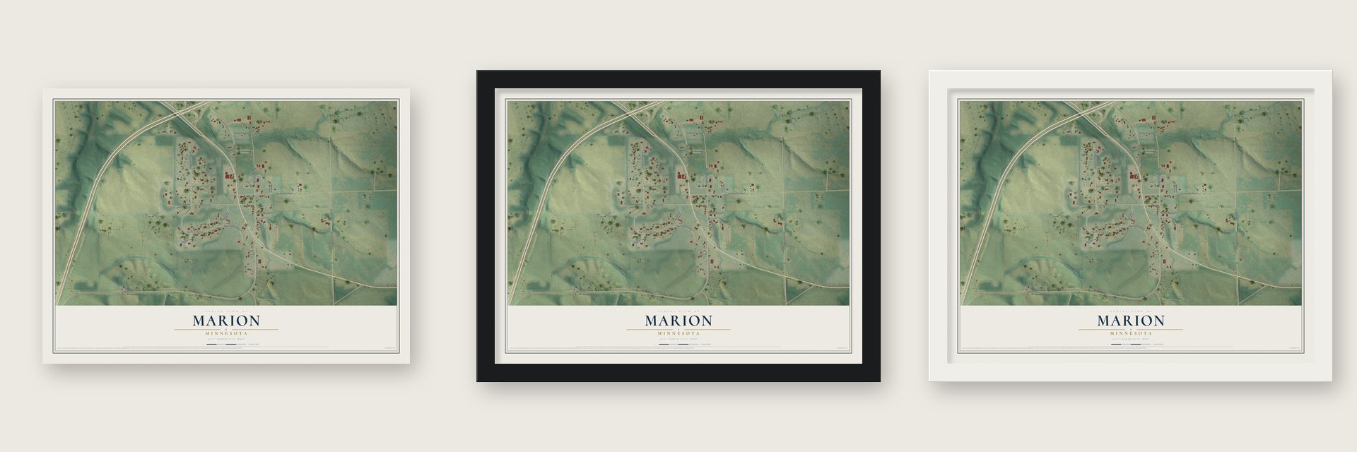 Marion, Minnesota map unframed, in a black wood frame and in a white wood frame