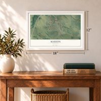 Marion, Minnesota map, 12 x 18 inch print in a white frame in an entryway