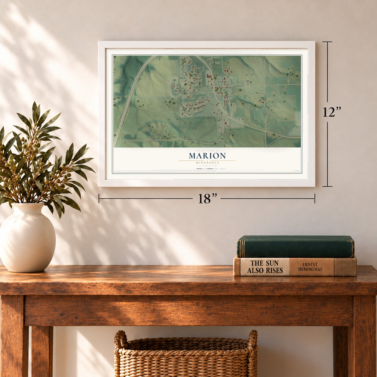 Marion, Minnesota map, 12 x 18 inch print in a white frame in an entryway
