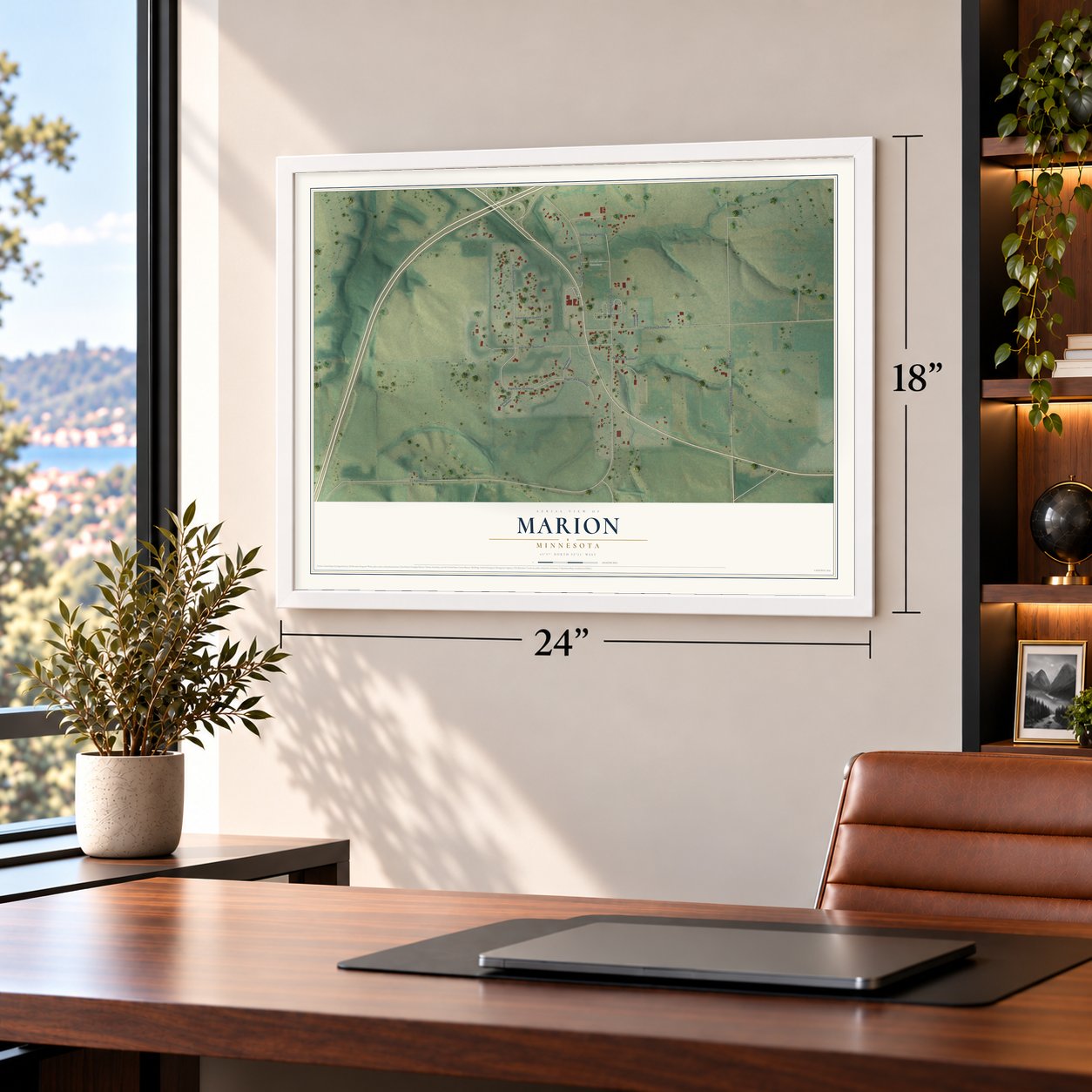 Marion, Minnesota map, 18 x 24 inch print in a white frame in a home office
