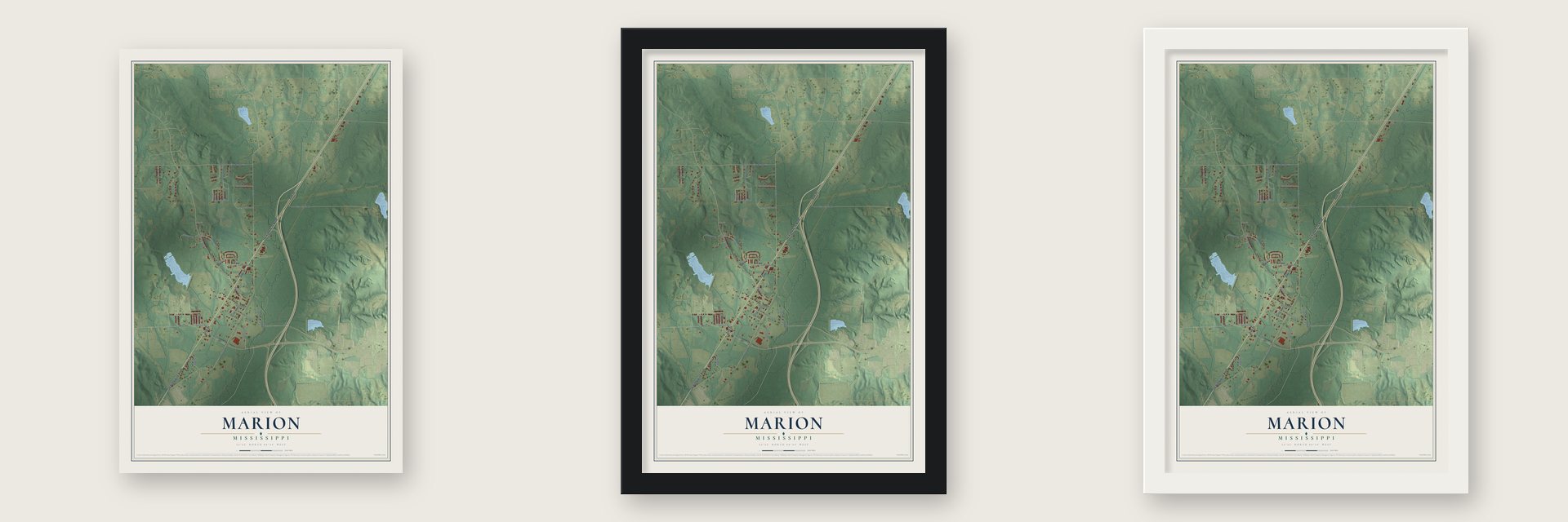 Marion, Mississippi map unframed, in a black wood frame and in a white wood frame