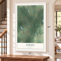 Marion, Mississippi map, 24 x 36 inch print in a white frame by a staircase