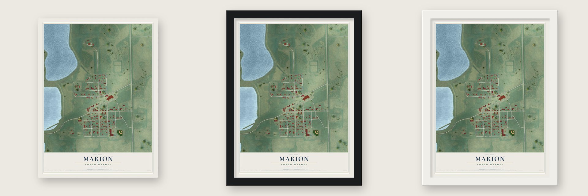 Marion, North Dakota map unframed, in a black wood frame and in a white wood frame
