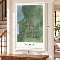 Marion, North Dakota map, 24 x 36 inch print in a white frame by a staircase