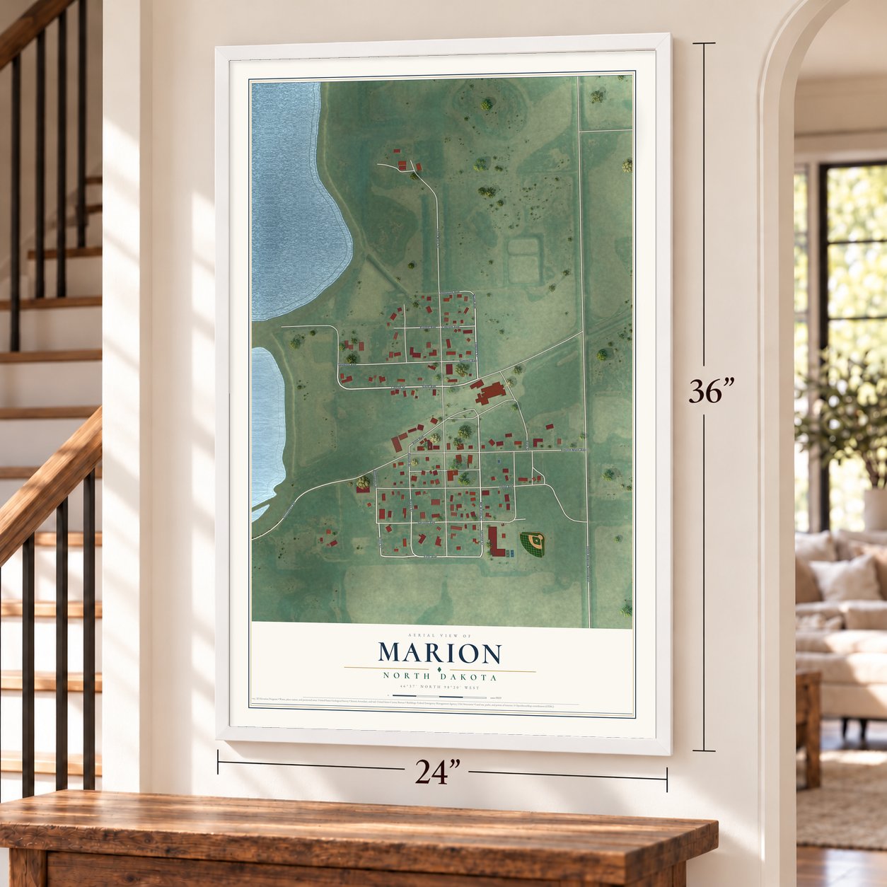 Marion, North Dakota map, 24 x 36 inch print in a white frame by a staircase