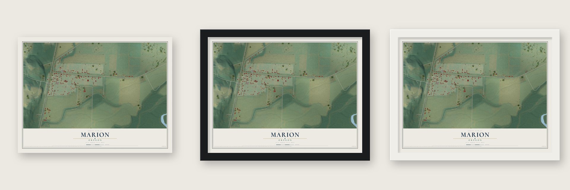 Marion, Oregon map unframed, in a black wood frame and in a white wood frame