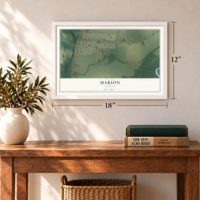 Marion, Oregon map, 12 x 18 inch print in a white frame in an entryway