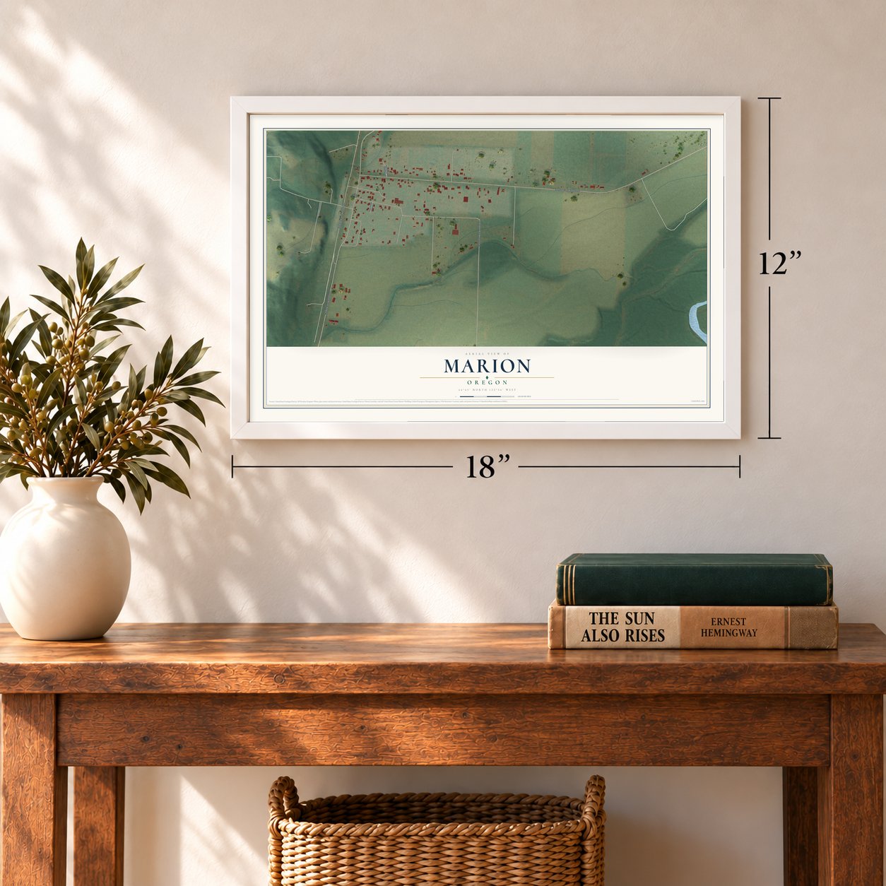 Marion, Oregon map, 12 x 18 inch print in a white frame in an entryway