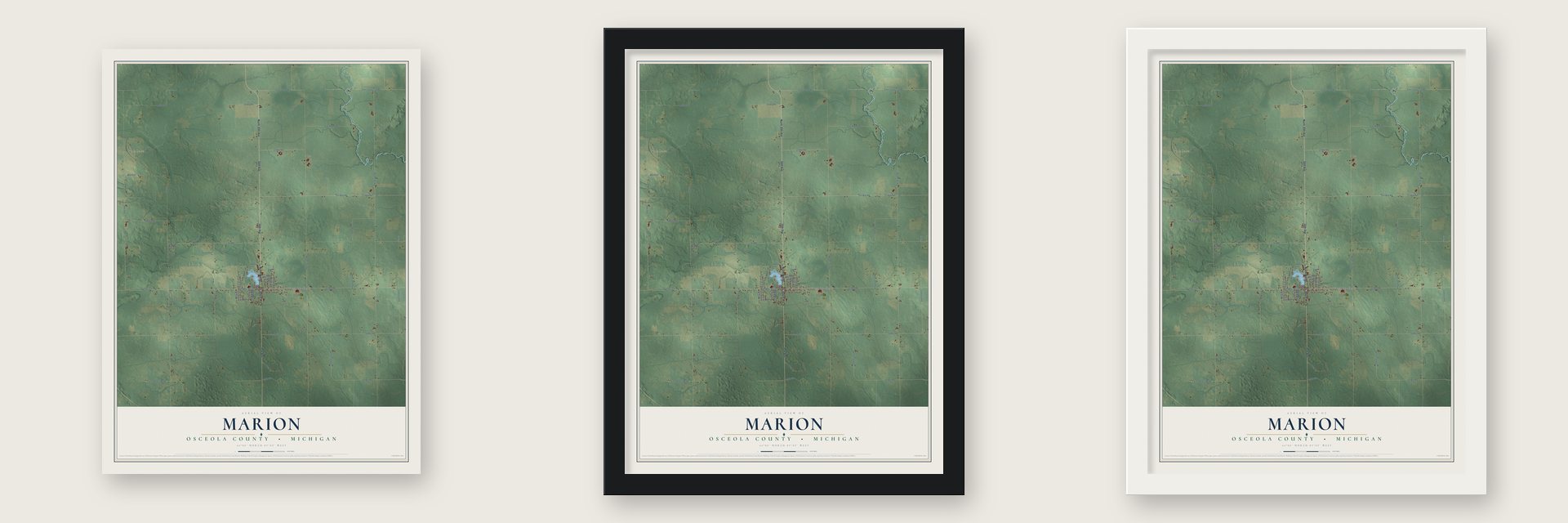 Marion, Osceola County, Michigan map unframed, in a black wood frame and in a white wood frame