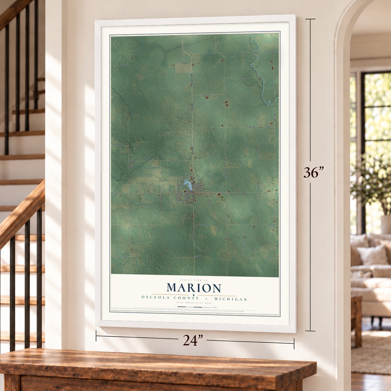 Marion, Osceola County, Michigan map, 24 x 36 inch print in a white frame by a staircase