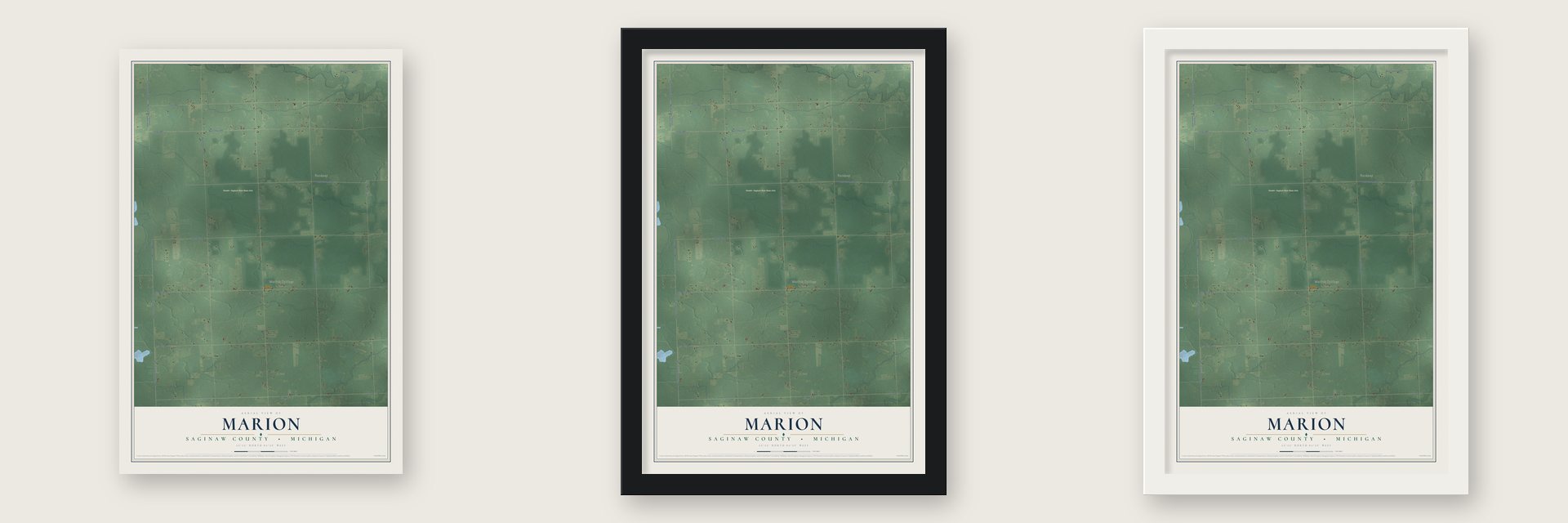Marion, Saginaw County, Michigan map unframed, in a black wood frame and in a white wood frame