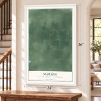 Marion, Saginaw County, Michigan map, 24 x 36 inch print in a white frame by a staircase