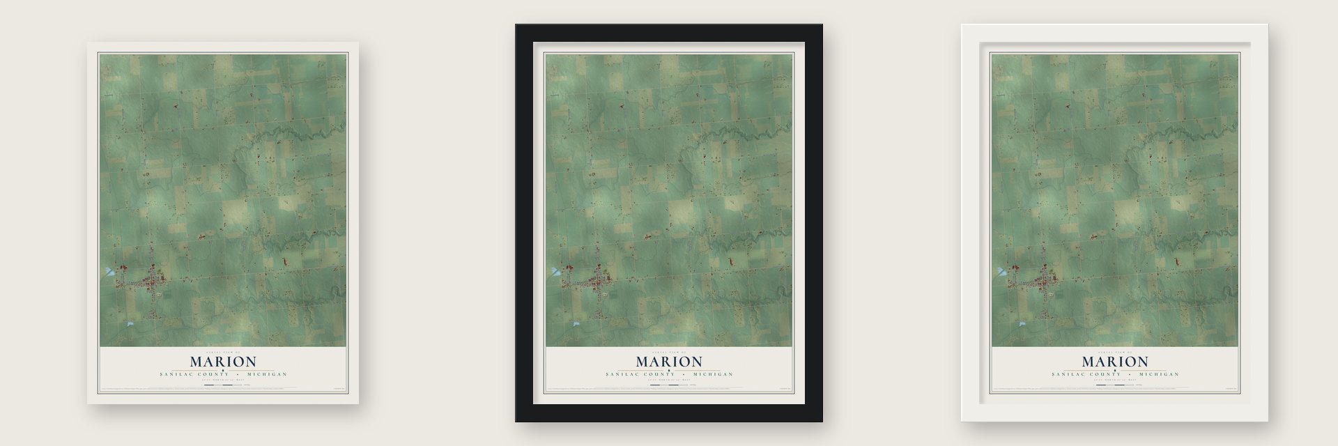 Marion, Sanilac County, Michigan map unframed, in a black wood frame and in a white wood frame