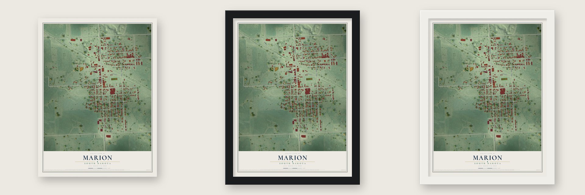 Marion, South Dakota map unframed, in a black wood frame and in a white wood frame