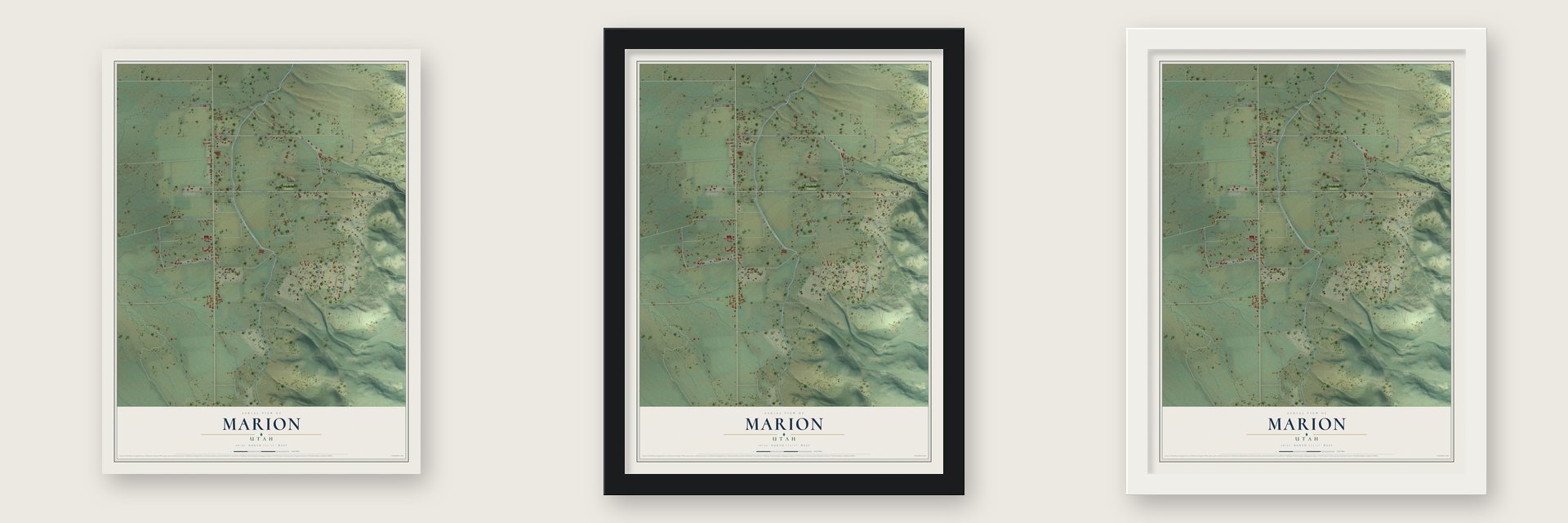 Marion, Utah map unframed, in a black wood frame and in a white wood frame