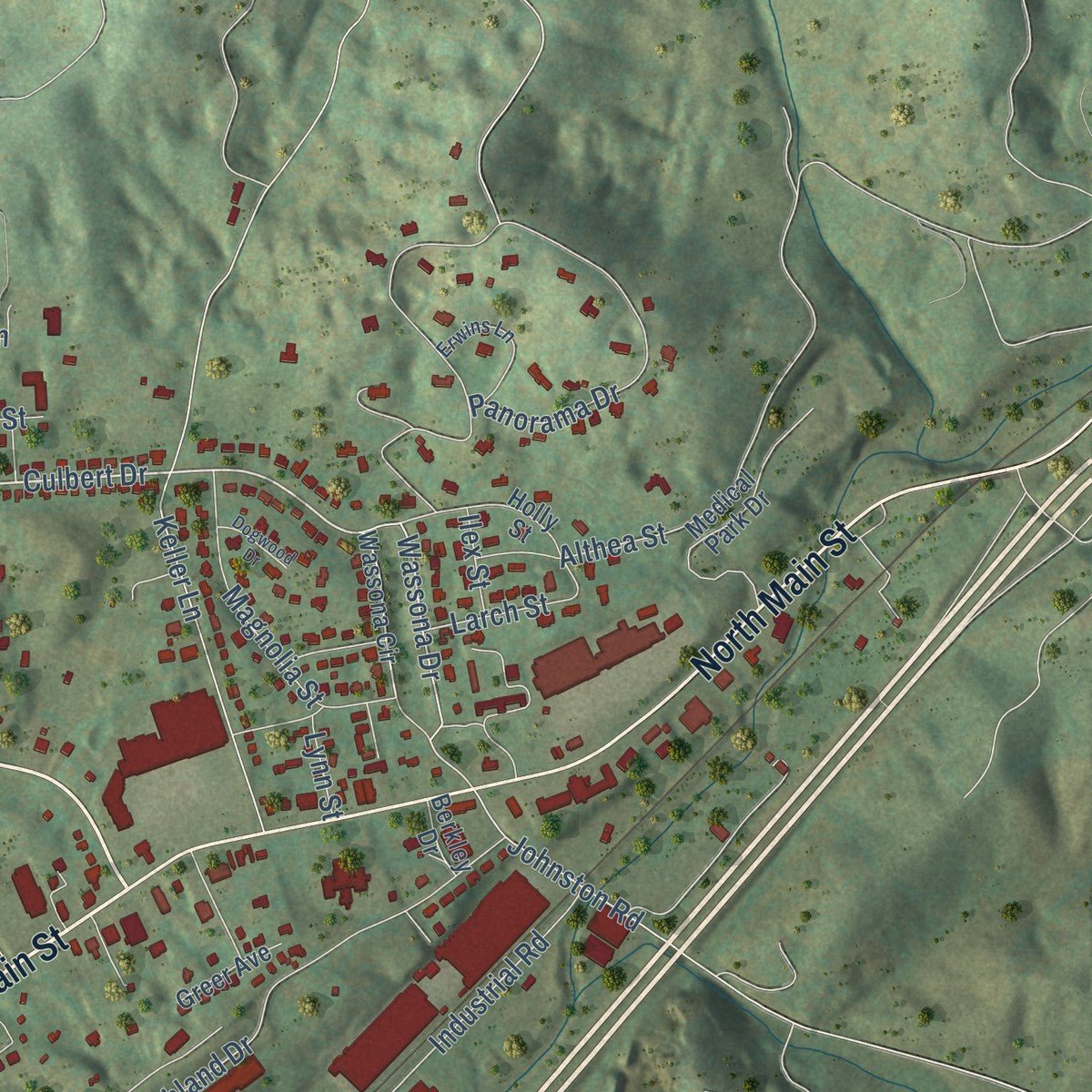 Second close-up of the map of Marion, Virginia print showing more streets and buildings