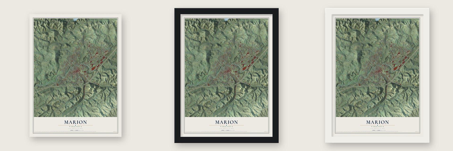 Marion, Virginia map unframed, in a black wood frame and in a white wood frame