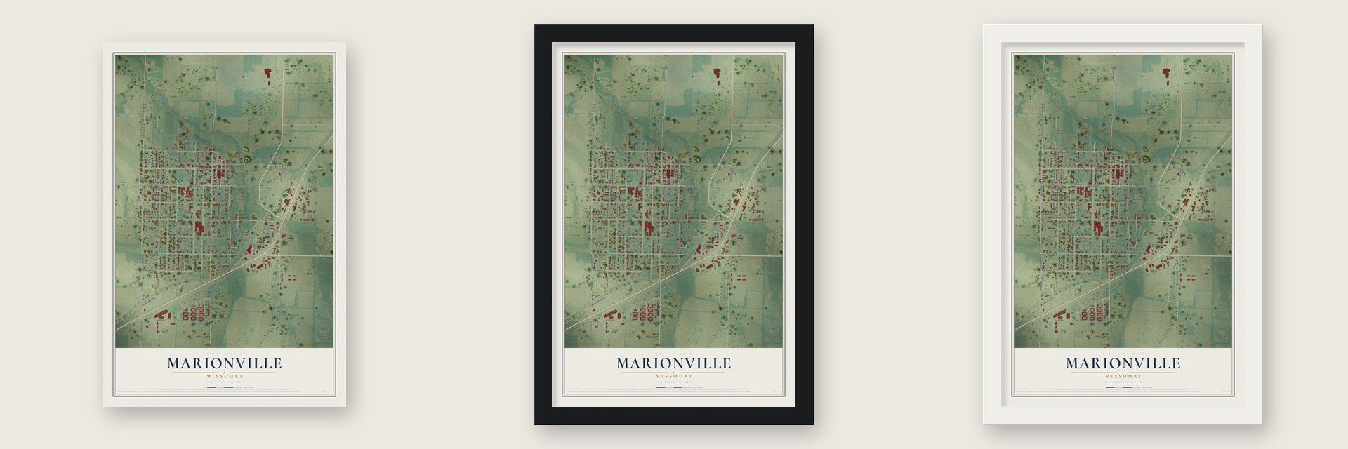 Marionville, Missouri map unframed, in a black wood frame and in a white wood frame