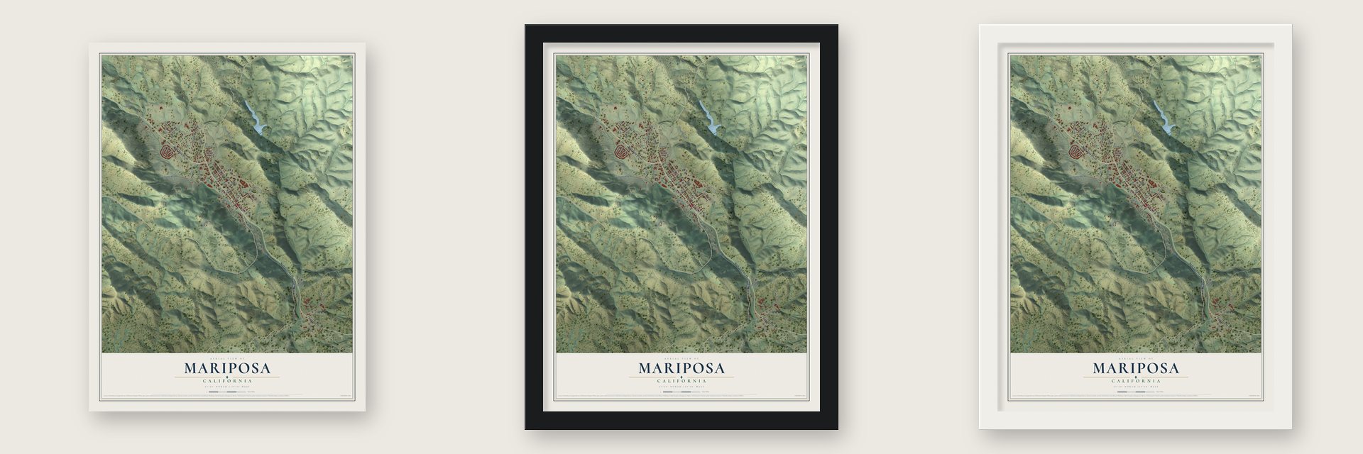 Mariposa, California map unframed, in a black wood frame and in a white wood frame