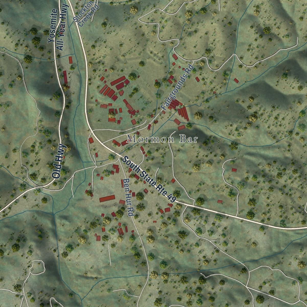 Second close-up of the map of Mariposa, California print showing more streets and buildings