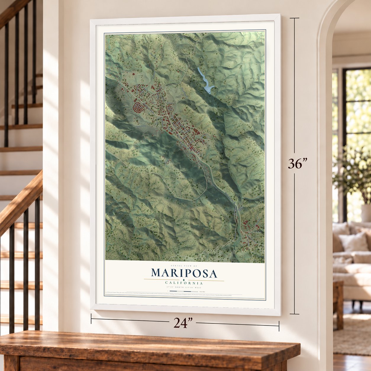 Mariposa, California map, 24 x 36 inch print in a white frame by a staircase