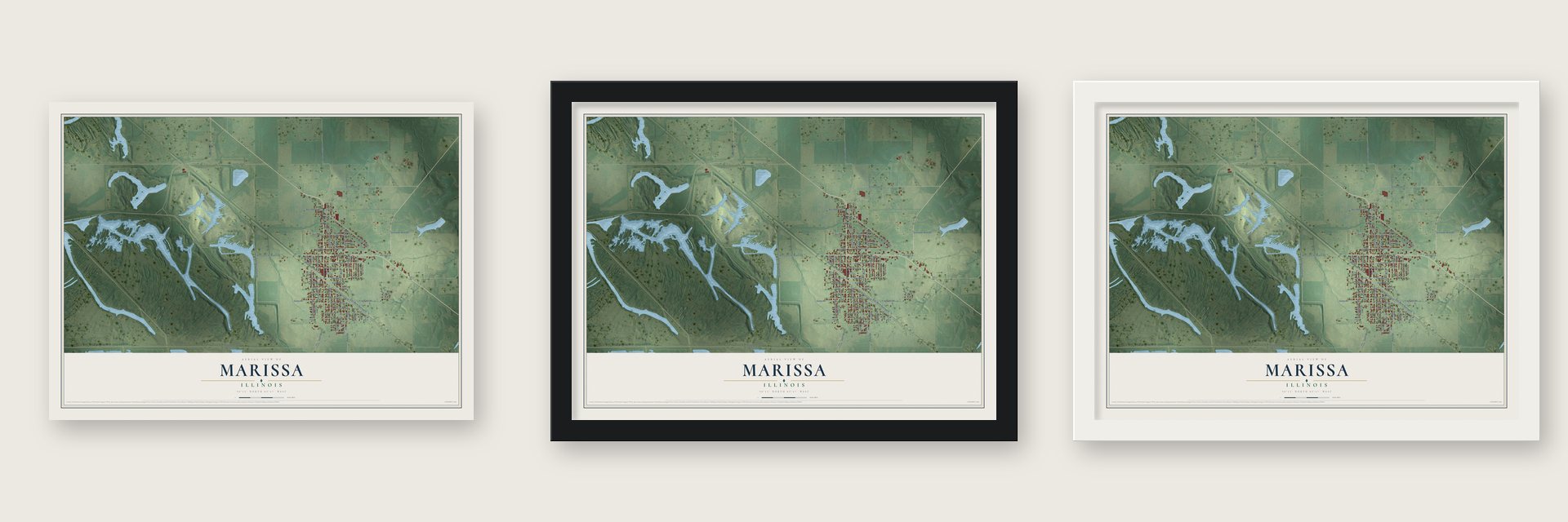 Marissa, Illinois map unframed, in a black wood frame and in a white wood frame