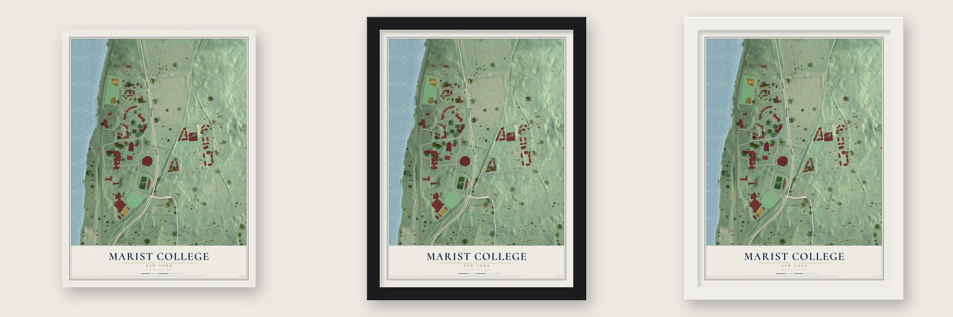 Marist College, New York map unframed, in a black wood frame and in a white wood frame