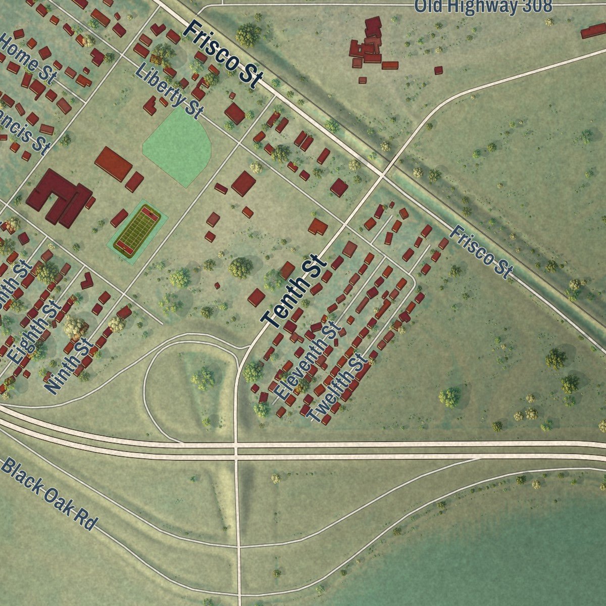 Second close-up of the map of Marked Tree, Arkansas print showing more streets and buildings