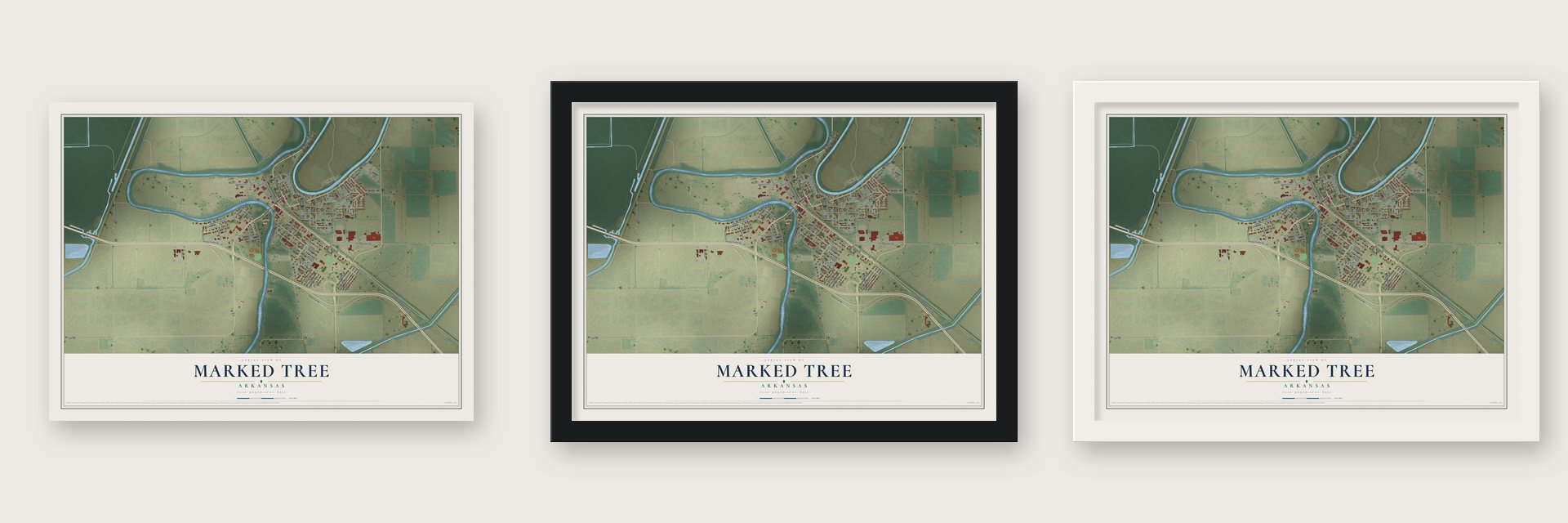 Marked Tree, Arkansas map unframed, in a black wood frame and in a white wood frame