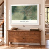 Marked Tree, Arkansas map, 24 x 36 inch print in a white frame above a dresser by a staircase