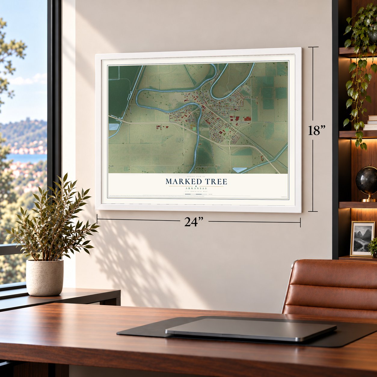 Marked Tree, Arkansas map, 18 x 24 inch print in a white frame in a home office