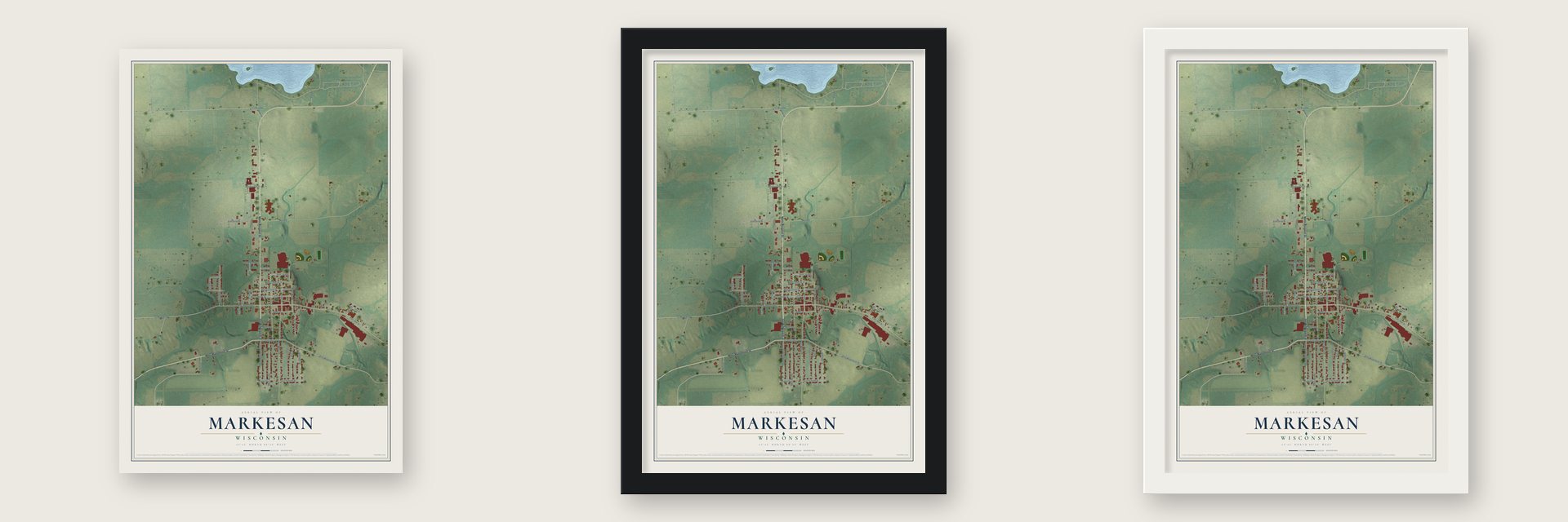 Markesan, Wisconsin map unframed, in a black wood frame and in a white wood frame