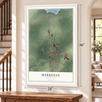 Markesan, Wisconsin map, 24 x 36 inch print in a white frame by a staircase