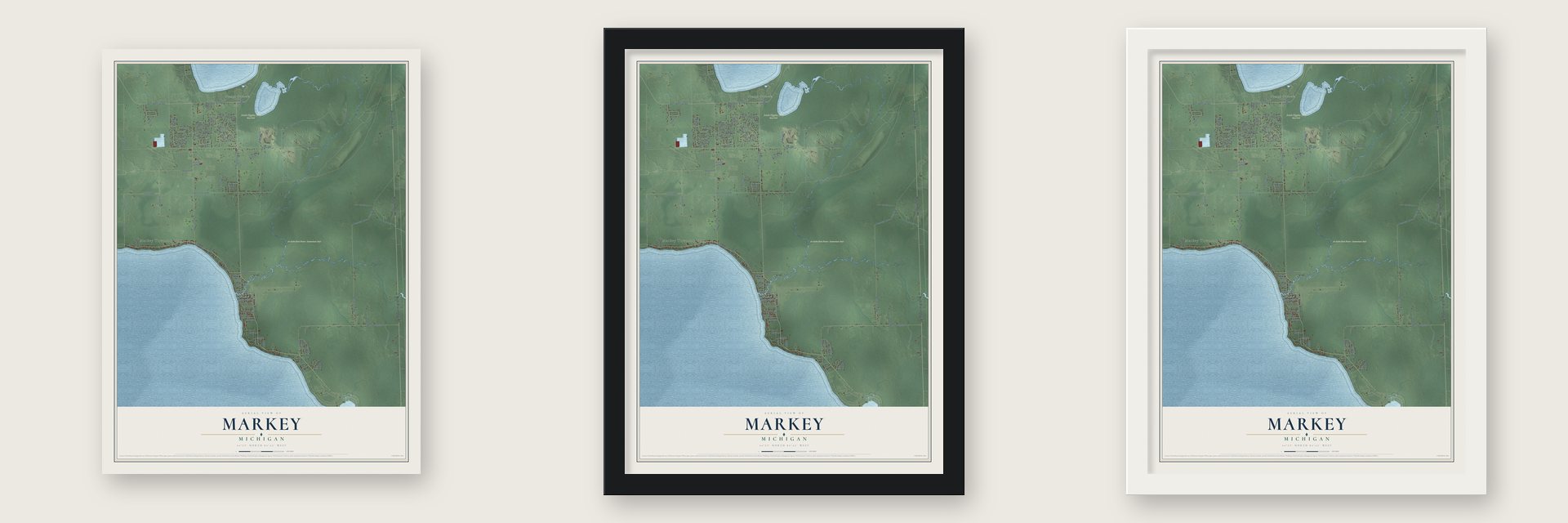 Markey, Michigan map unframed, in a black wood frame and in a white wood frame