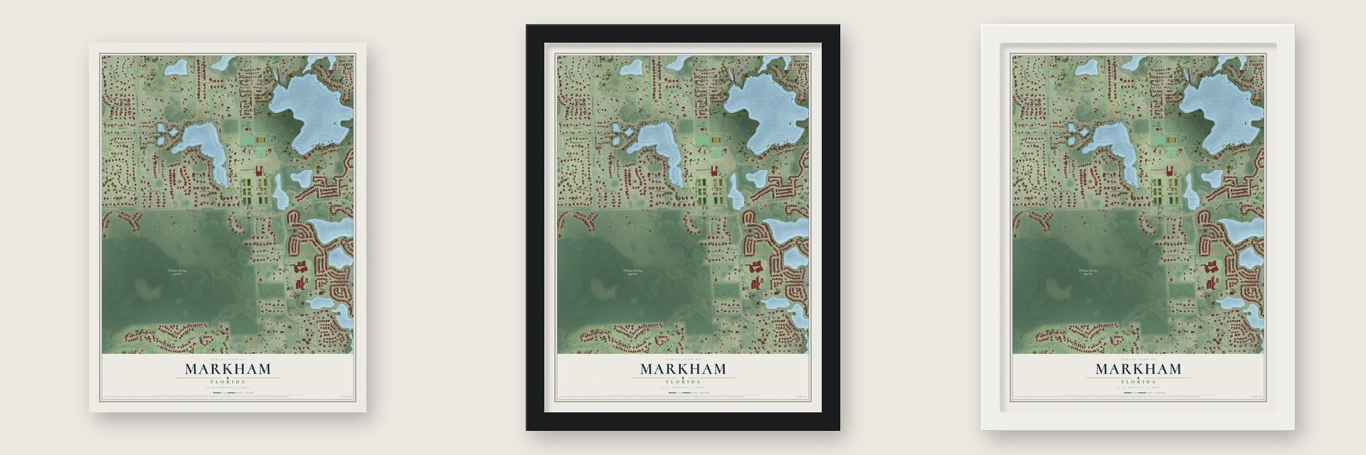 Markham, Florida map unframed, in a black wood frame and in a white wood frame
