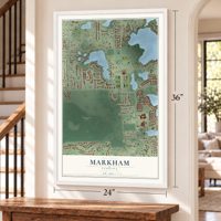 Markham, Florida map, 24 x 36 inch print in a white frame by a staircase