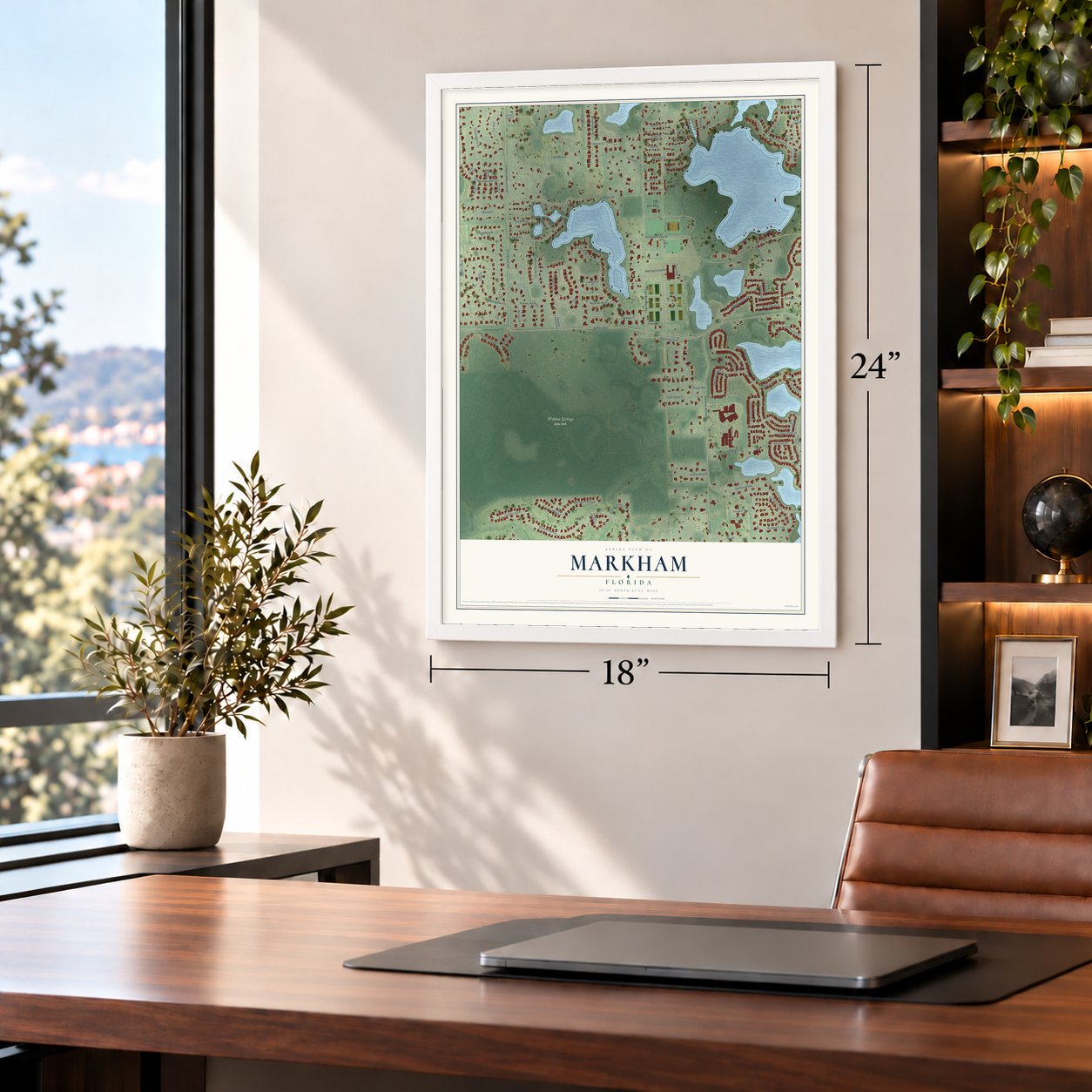 Markham, Florida map, 18 x 24 inch print in a white frame in a home office