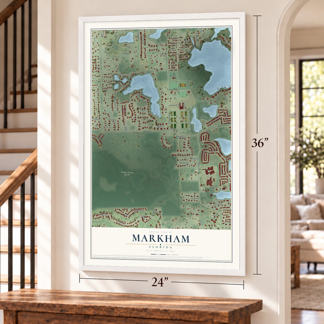 Markham, Florida map, 24 x 36 inch print in a white frame by a staircase