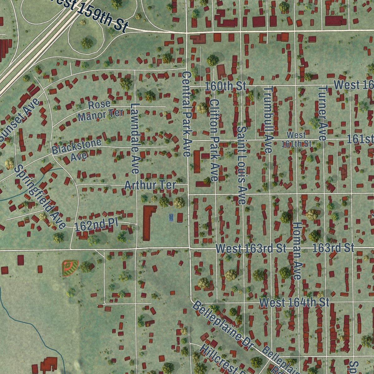 Second close-up of the map of Markham, Illinois print showing more streets and buildings