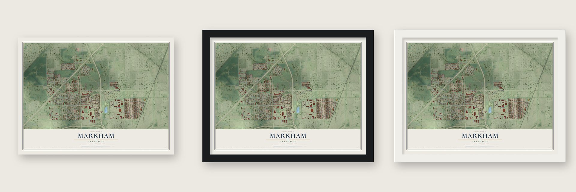Markham, Illinois map unframed, in a black wood frame and in a white wood frame