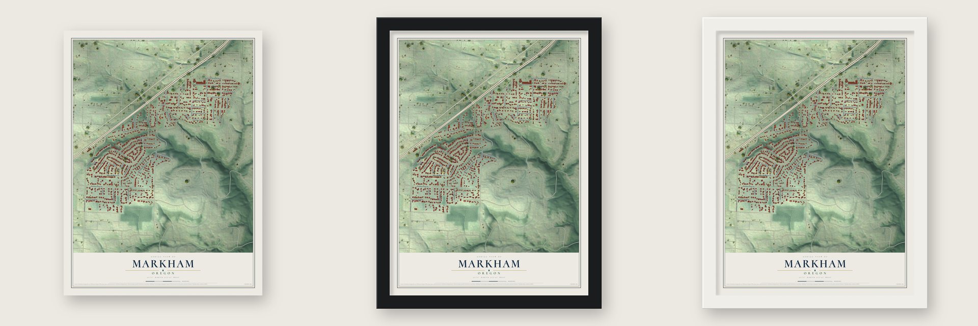 Markham, Oregon map unframed, in a black wood frame and in a white wood frame