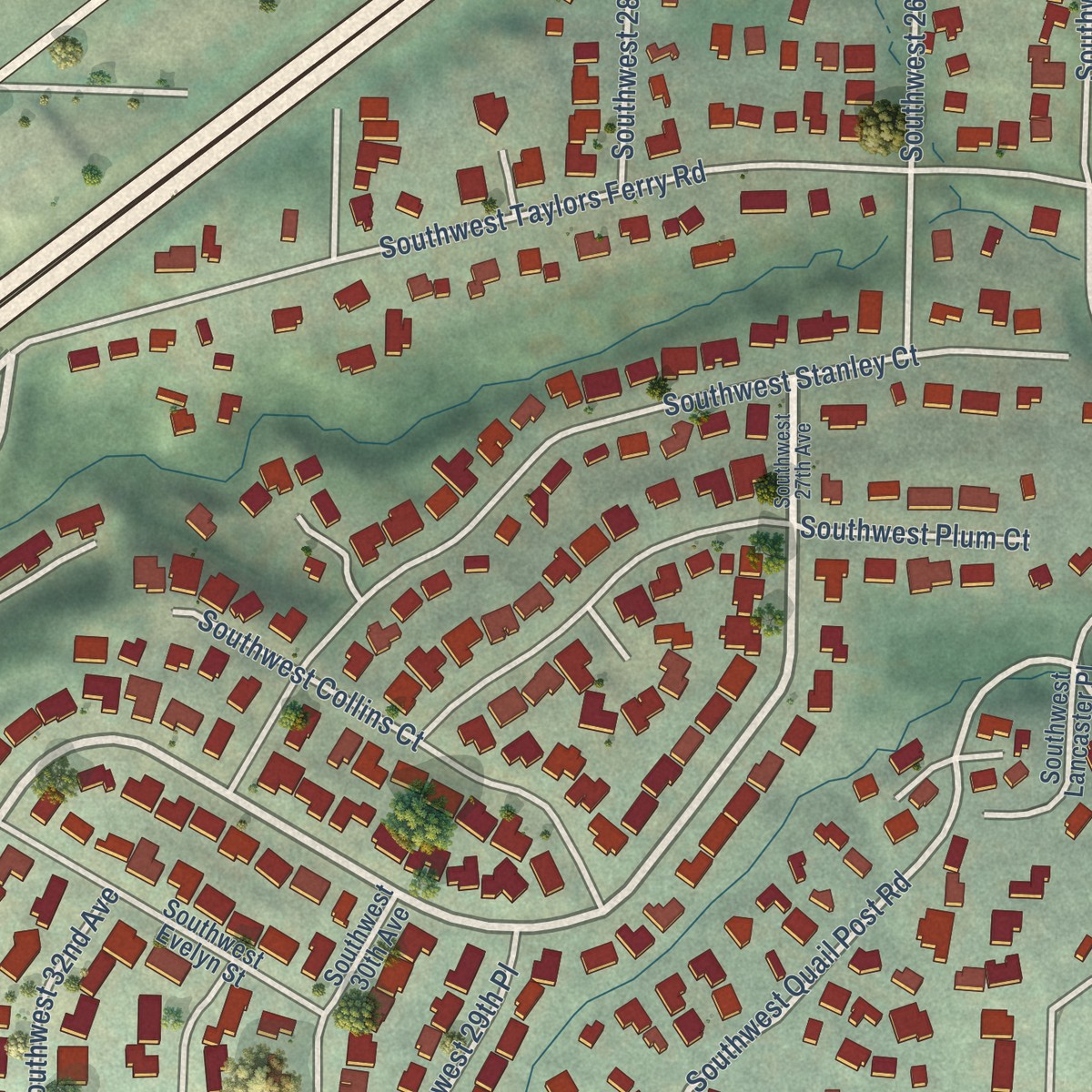 Second close-up of the map of Markham, Oregon print showing more streets and buildings