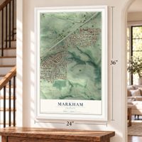 Markham, Oregon map, 24 x 36 inch print in a white frame by a staircase