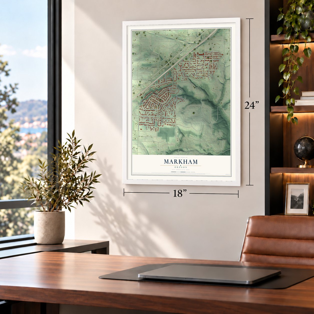 Markham, Oregon map, 18 x 24 inch print in a white frame in a home office