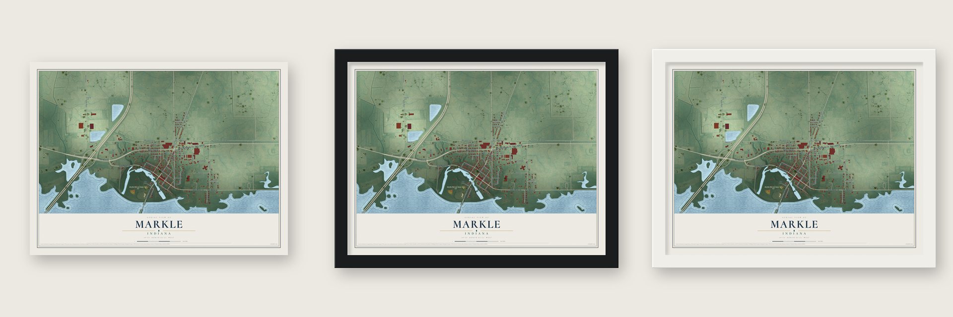 Markle, Indiana map unframed, in a black wood frame and in a white wood frame