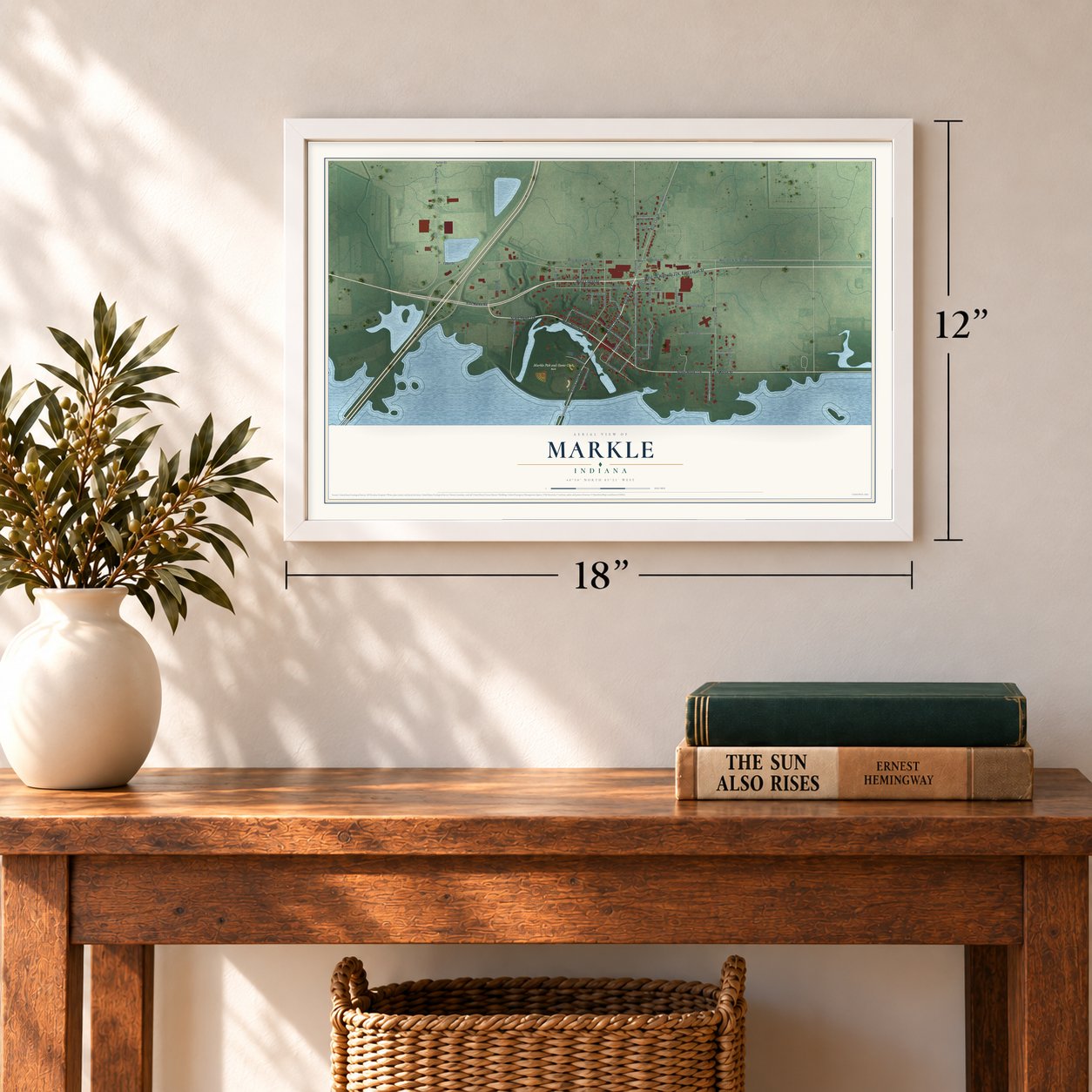 Markle, Indiana map, 12 x 18 inch print in a white frame in an entryway