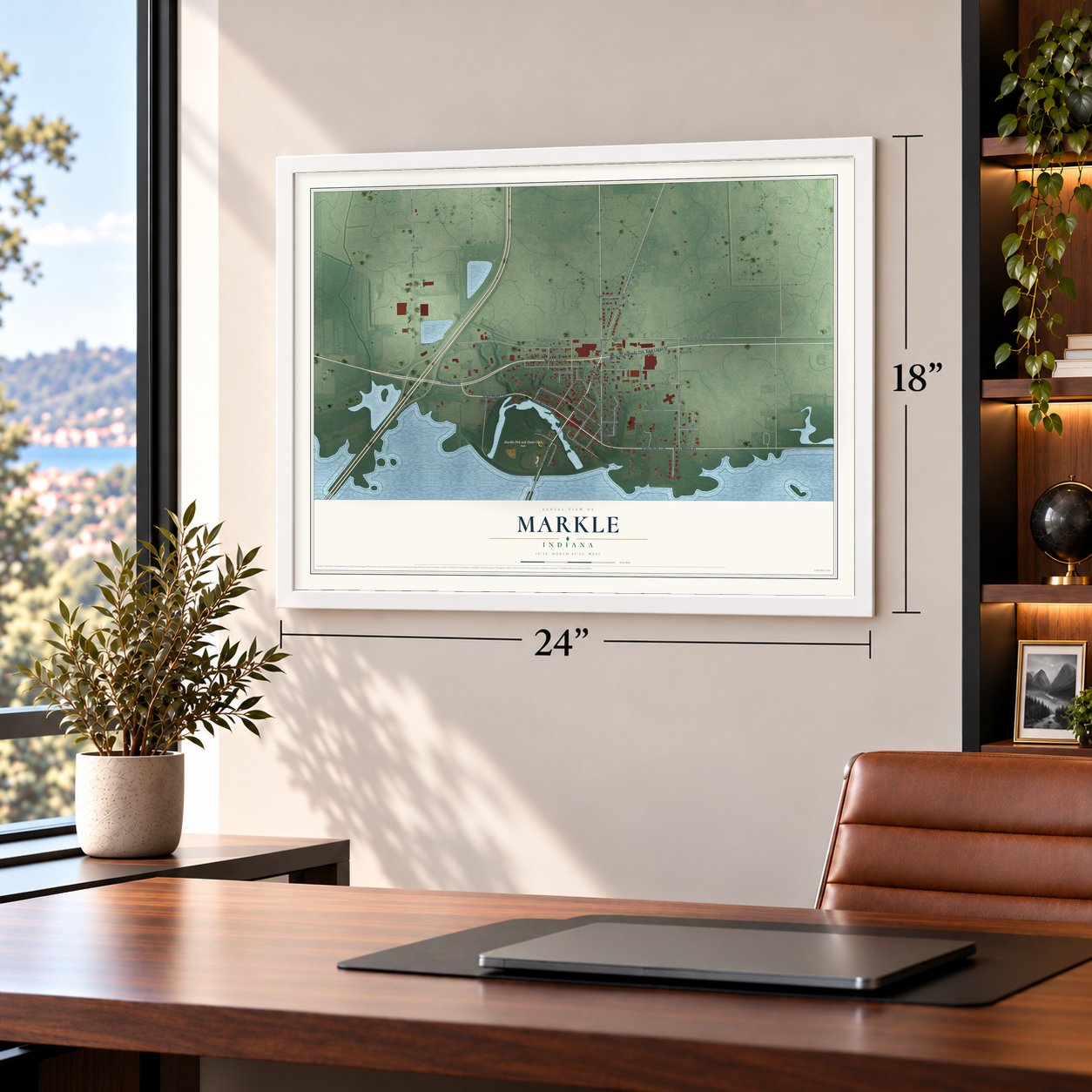 Markle, Indiana map, 18 x 24 inch print in a white frame in a home office