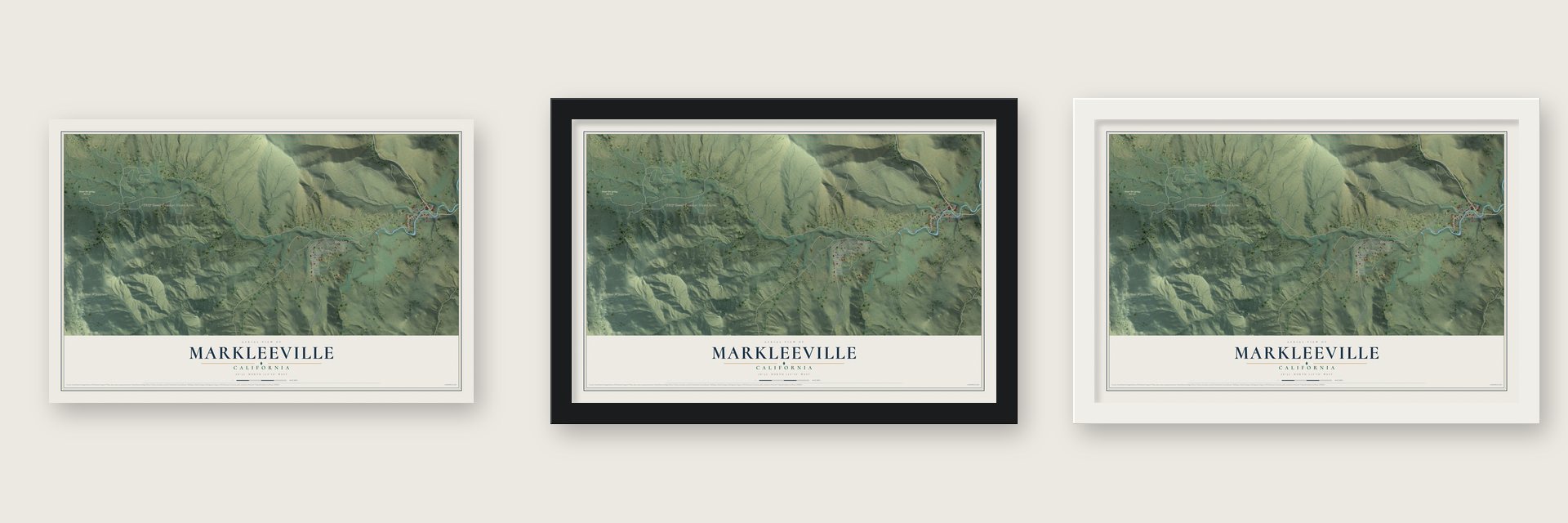 Markleeville, California map unframed, in a black wood frame and in a white wood frame